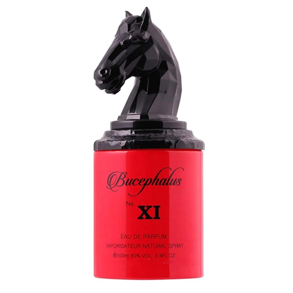 Bottle of Bucephalus No. XI Eau de Parfum with black horse head design on a white background