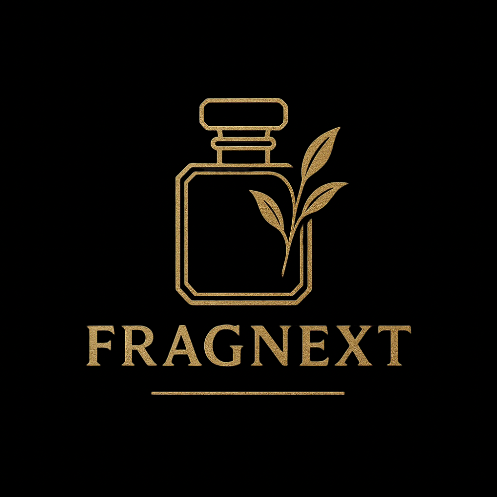 Fragrance brand logo with a bottle and leaves on a black background
