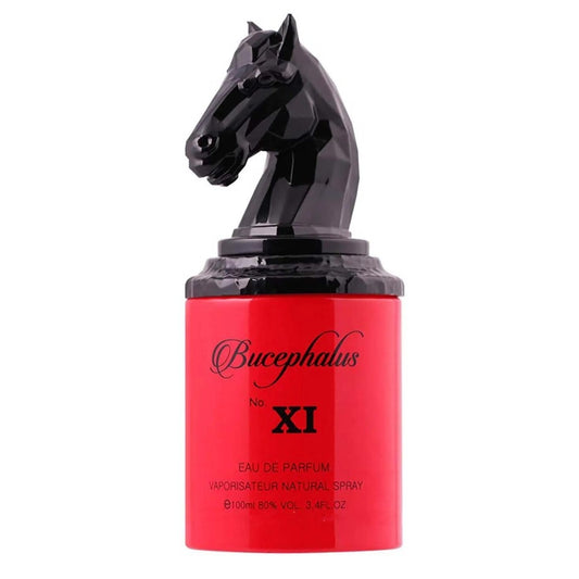 Bottle of Bucephalus No. XI Eau de Parfum with black horse head design on a white background